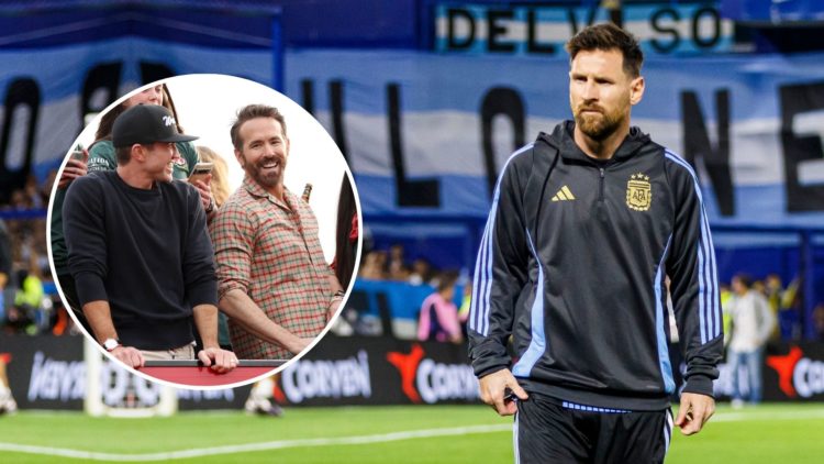 Lionel Messi. Inset, Rob McElhenney and Ryan Reynolds.