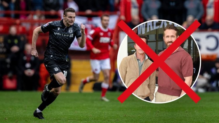 Paul Mullin of Wrexham AFC during the Sky Bet League One match between Charlton Athletic FC and Wrexham AFC. Inset, Rob McElhenney and Ryan Reynold...