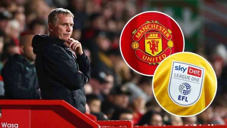 Phil Parkinson with an inset of the Manchester United badge an inset of the League One logo