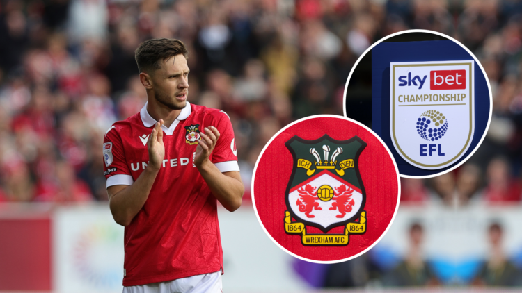 Ryan Barnett with an inset of the Wrexham badge and an inset of the Championship logo