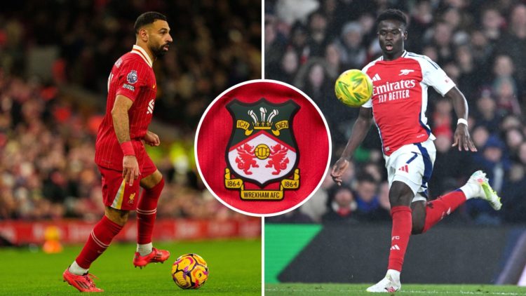 Mohamed Salah and Bukayo Saka with an inset of the Wrexham badge
