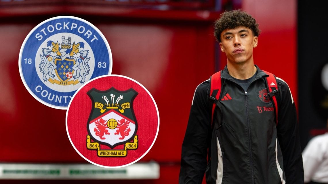Manchester United's Ethan Wheatley with an inset of the Wrexham badge and an inset of the Stockport County badge