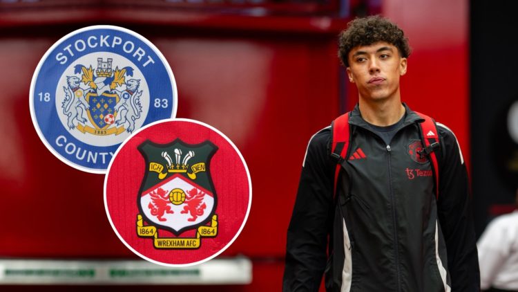 Manchester United's Ethan Wheatley with an inset of the Wrexham badge and an inset of the Stockport County badge
