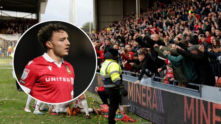 Ollie Rathbone inset above Wrexham fans celebrating.