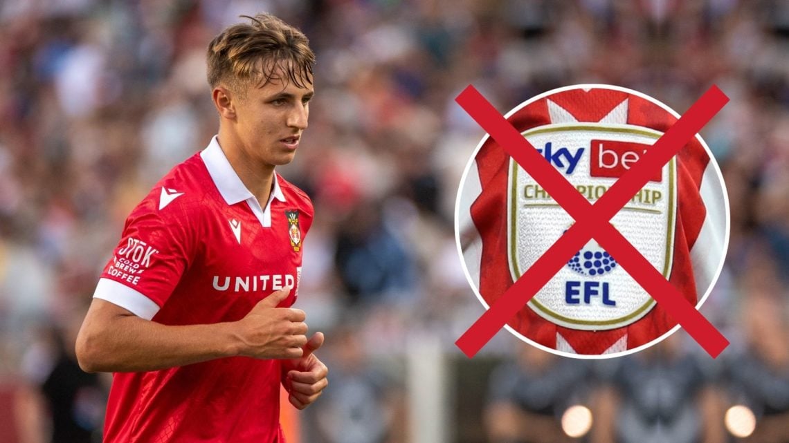 Max Cleworth #4 of Wrexham AFC at Levi's Stadium. Inset, the EFL Championship logo with a cross through it.