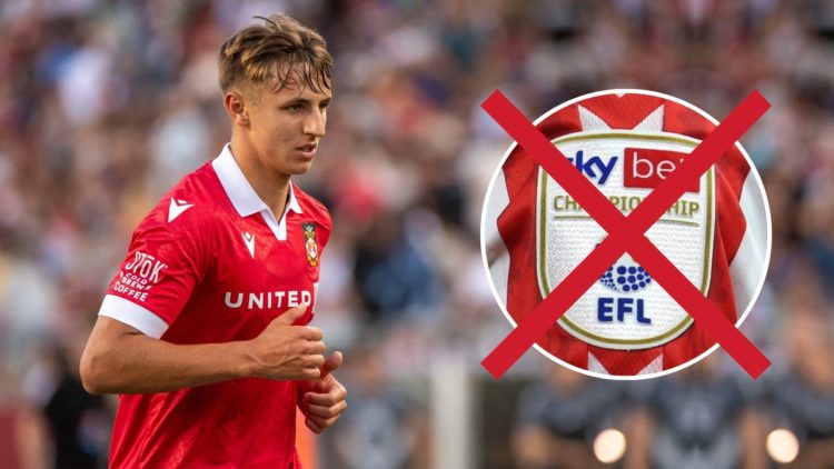 Max Cleworth #4 of Wrexham AFC at Levi's Stadium. Inset, the EFL Championship logo with a cross through it.