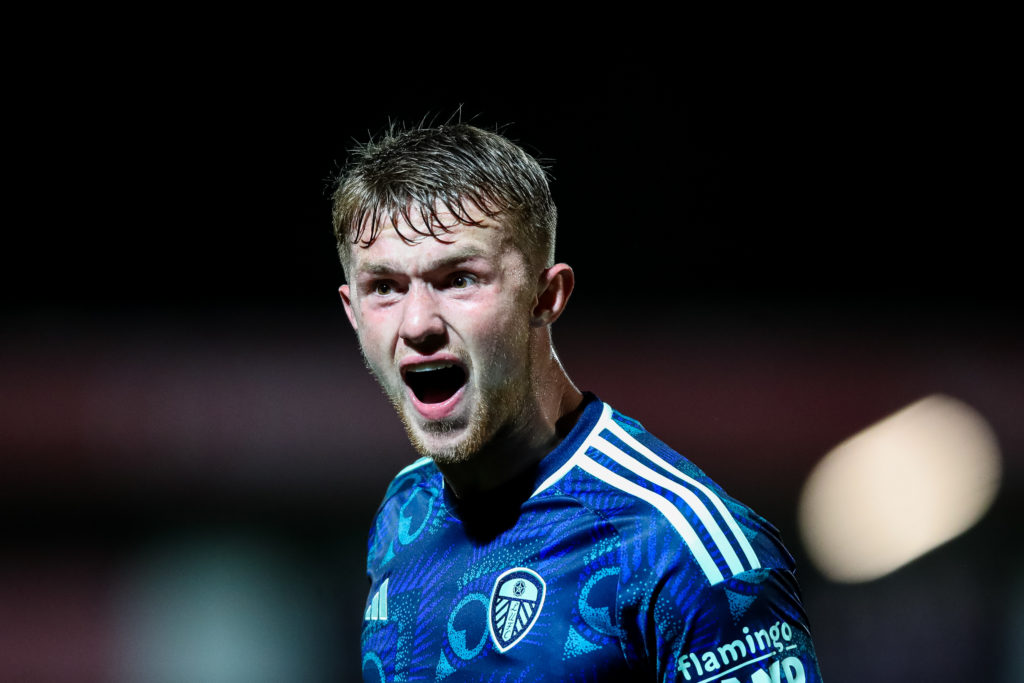 Leeds United striker Joe Gelhardt playing against Salford City.