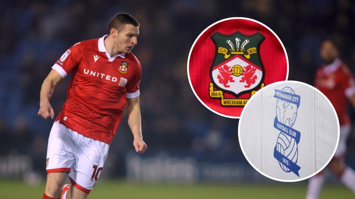 Paul Mullin with insets of the Wrexham and Birmingham City badges