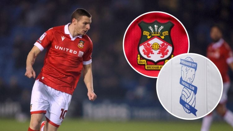 Paul Mullin with insets of the Wrexham and Birmingham City badges