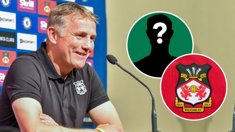 Phil Parkinson with a mystery player inset and a Wrexham badge inset