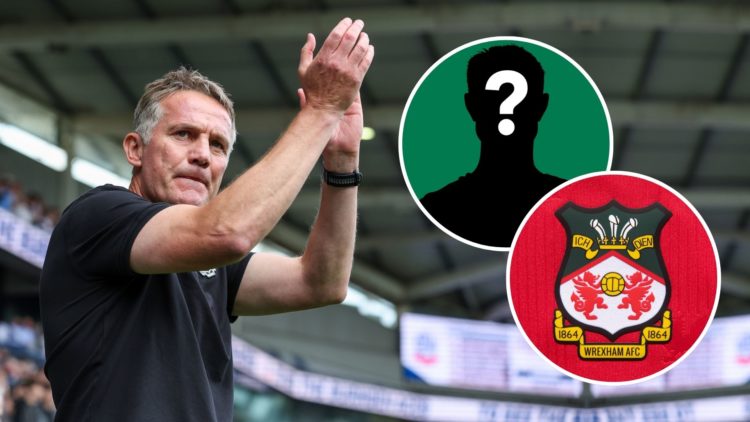 Phil Parkinson looking pleased with a mystery player inset and Wrexham badge inset