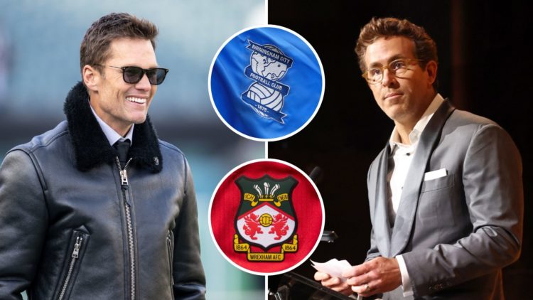 Tom Brady and Ryan Reynolds. Inset, Wrexham and Birmingham City badges.