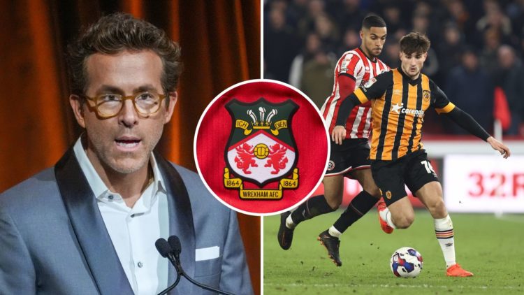 Ryan Reynolds and Ryan Longman. Inset, the Wrexham badge.