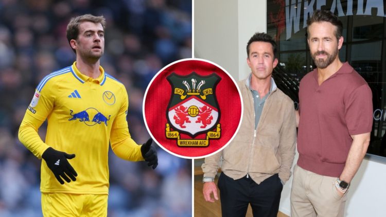 Rob McElhenney and Ryan Reynolds, and Patrick Bamford. Inset, the Wrexham badge.