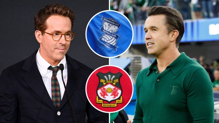Ryan Reynolds and Rob McElhenney. Inset, Wrexham and Birmingham City badges.