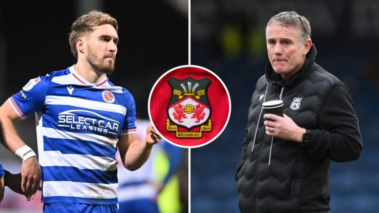 Split image of Reading's Sam Smith and Wrexham's Phil Parkinson. Inset, the Wrexham badge.