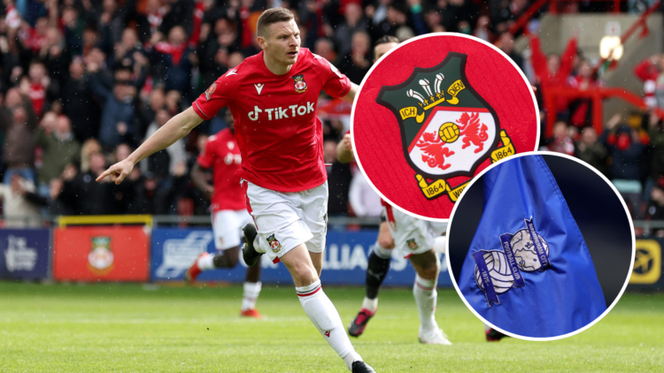 Paul Mullin celebrates scoring a goal. Insets, Wrexham and Birmingham City badges