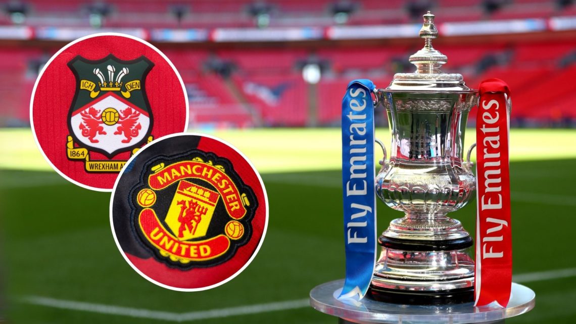 The Emirates FA Cup Trophy displayed on a podium. Inset, the Wrexham and Manchester Untied badges.