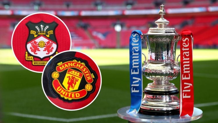 The Emirates FA Cup Trophy displayed on a podium. Inset, the Wrexham and Manchester Untied badges.