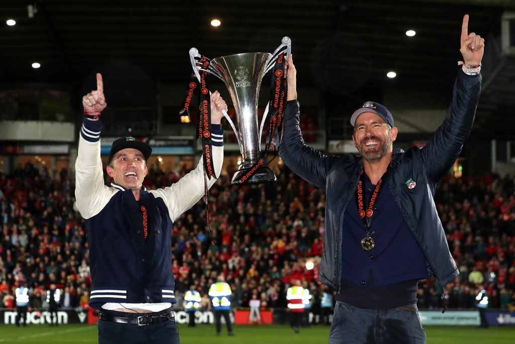 Rob McElhenney and Ryan Reynolds, Owners of Wrexham celebrate with the Vanarama National League trophy as Wrexham win the Vanarama National League ...