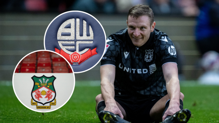 Paul Mullin sat on the floor during a Wrexham game. Insets, Wrexham badge and Bolton Wanderers badge