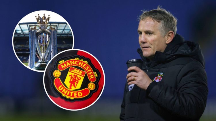 Phil Parkinson looks on. Inset, the Manchester United badge and Premier League Trophy.