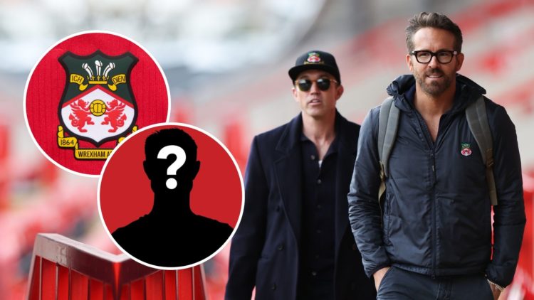 Rob McElhenney and Ryan Reynolds. Inset, the Wrexham badge and a mystery player.