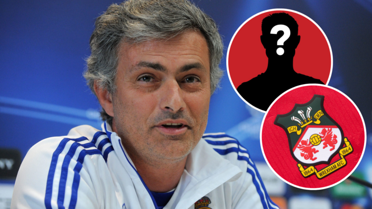 Jose Mourinho as Real Madrid manager. Insets, Wrexham badge and mystery player.