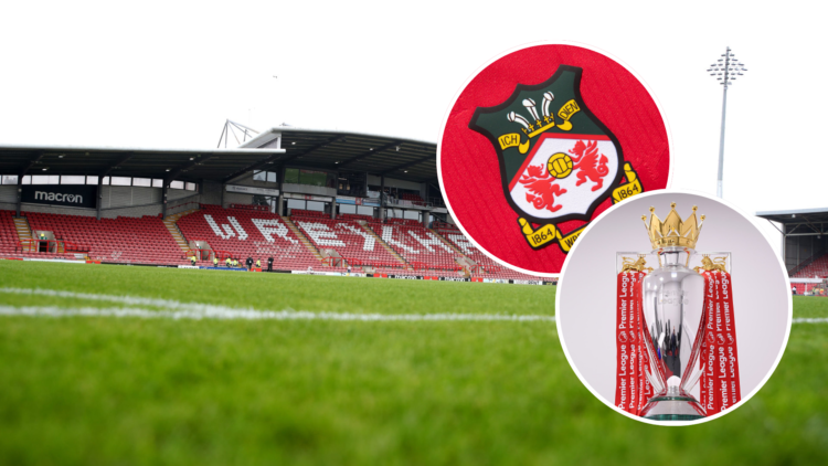 Wrexham stadium. Insets, Wrexham badge and Premier League trophy.