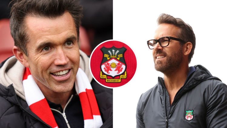 Split Image of: Ryan Reynolds, Owner of Wrexham looks on prior to the Vanarama National League match between Wrexham and Boreham Wood, Rob McElhenn...