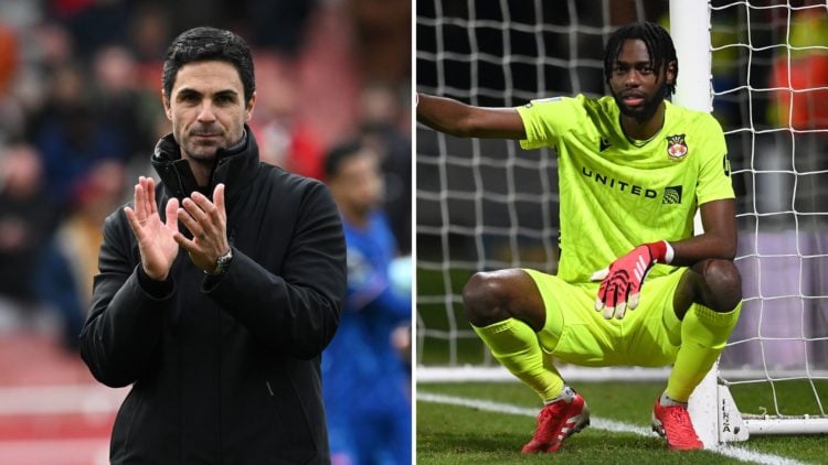 Split Image of: Arsenal Manager Mikel Arteta clasps the fans after the Premier League match between Arsenal FC and Chelsea FC, Wrexham's Arthur Oko...