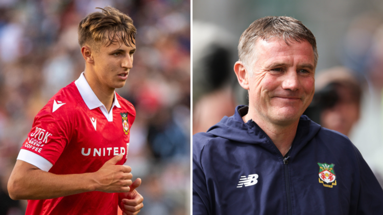 Split image, (L) Max Cleworth #4 of Wrexham AFC at Levi's Stadium. (R) Phil Parkinson the head coach / manager of Wrexham during the Vanarama Natio...