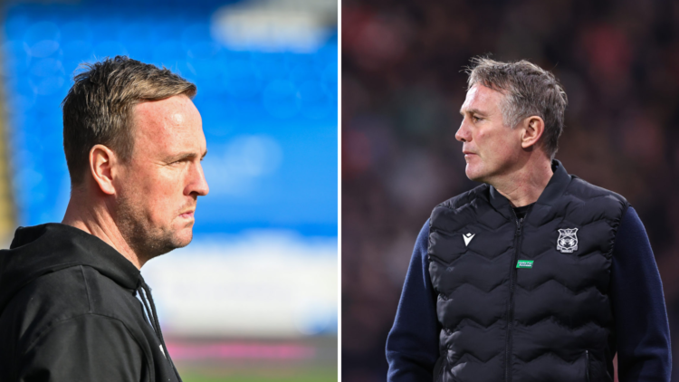 Split image of manager Mike Dodds of Wycombe Wanderers looks on during the Sky Bet League 1 match between Peterborough and Wycombe Wanderers and Ph...