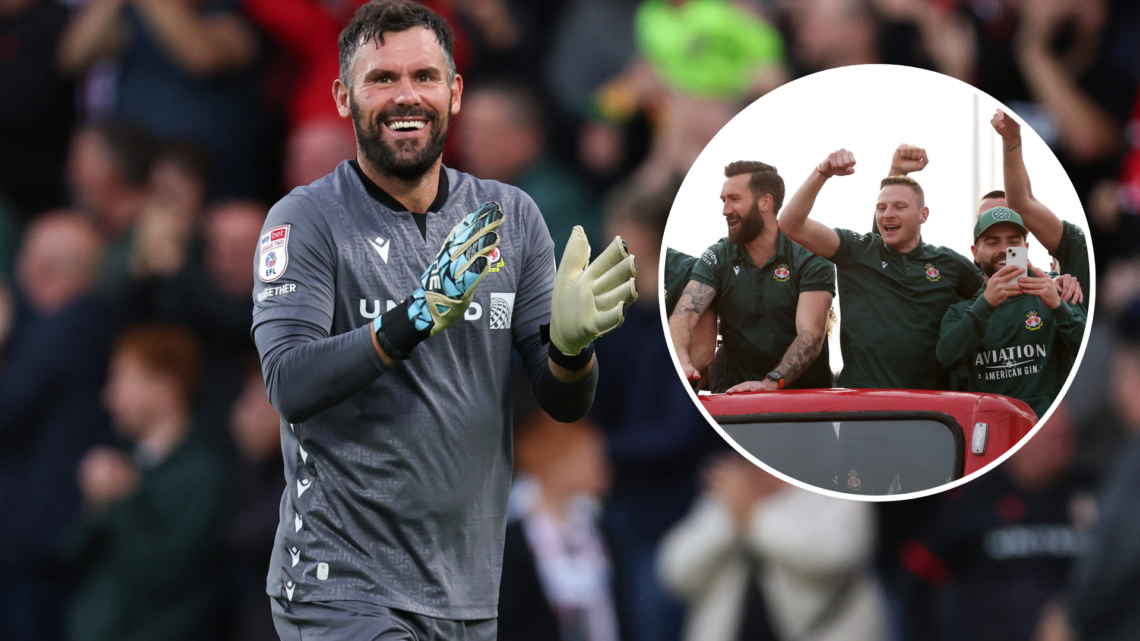 Ben Foster playing for Wrexham. Inset, Wrexham players celebrate promotion.