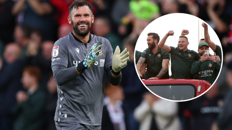 Ben Foster playing for Wrexham. Inset, Wrexham players celebrate promotion.