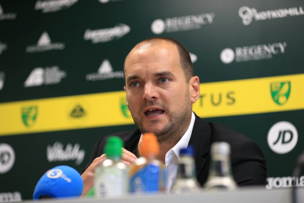 Stuart Webber speaks at a Norwich City press conferece