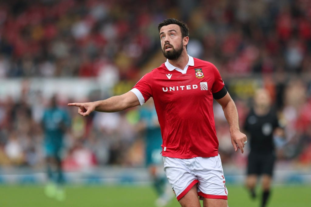 Eoghan O'Connell in action during Wrexham AFC v Shrewsbury Town FC in the Sky Bet League One clash.