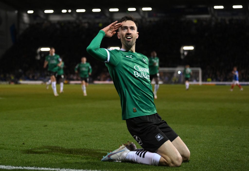 Ryan Hardie celebrates scoring for Plymouth Argyle against Portsmouth.
