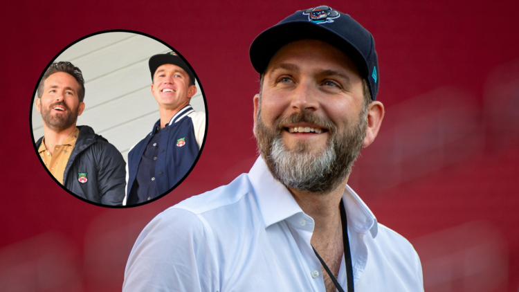 Humphrey Ker Executive director of Wrexham AFC walks the field at Levi's Stadium. Inset, Ryan Reynolds (L) and Rob McElhenney (R) during the Vanara...