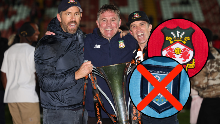 Phil Parkinson the head coach / manager of Wrexham, Ryan Reynolds co-owner of Wrexham and Rob McElhenney co-owner of Wrexham. Insets, Wrexham badge...