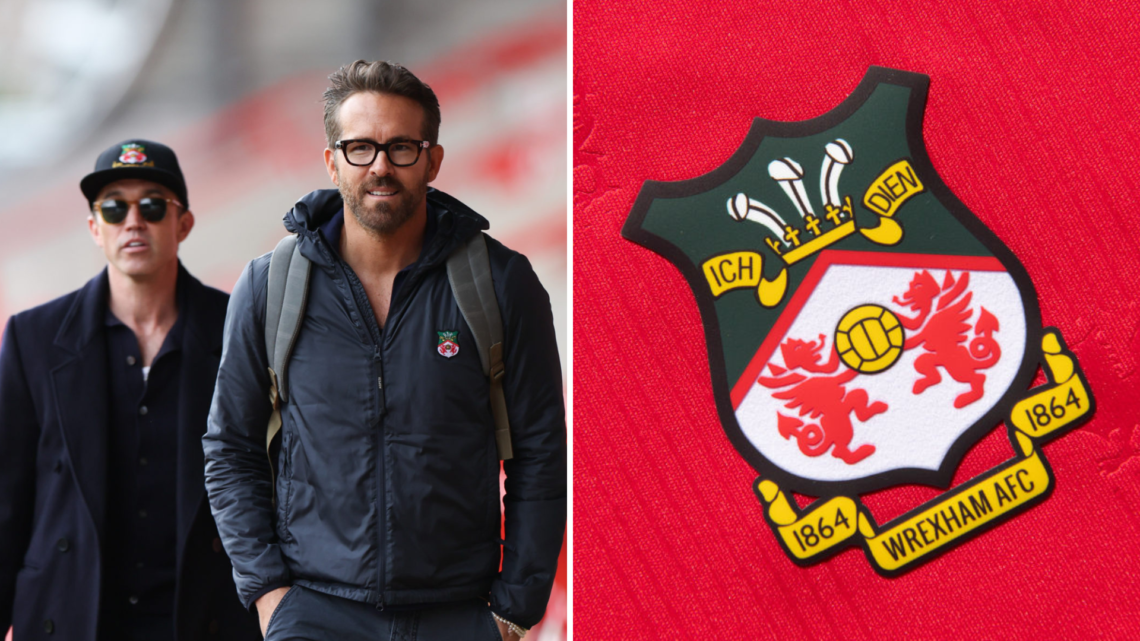 Split image of Rob McElhenney and Ryan Reynolds arrive ahead of the Vanarama National League match between Wrexham and Boreham Wood and the officia...