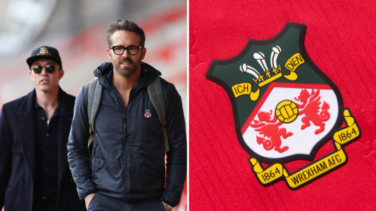 Split image of Rob McElhenney and Ryan Reynolds arrive ahead of the Vanarama National League match between Wrexham and Boreham Wood and the officia...