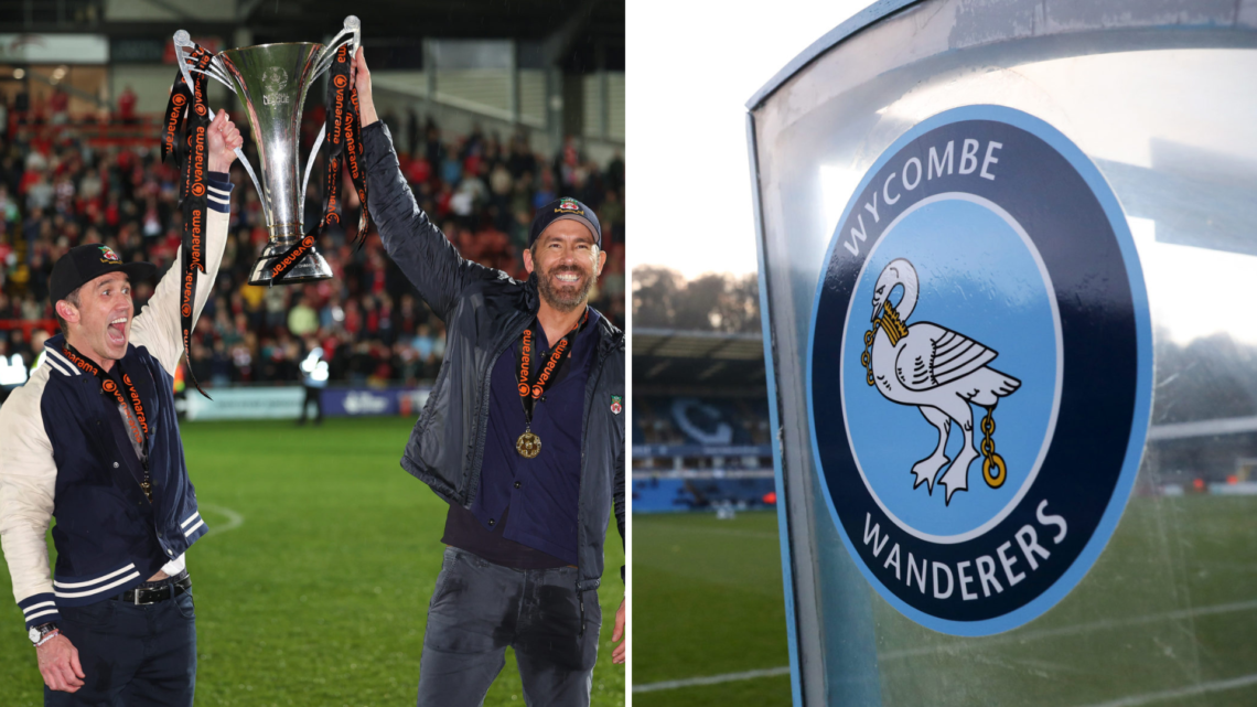 Split image, Rob McElhenney and Ryan Reynolds hold the Vanarama National League Trophy as Wrexham celebrate promotion back to the English Football ...