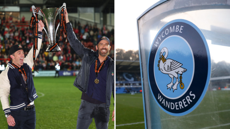 Split image, Rob McElhenney and Ryan Reynolds hold the Vanarama National League Trophy as Wrexham celebrate promotion back to the English Football ...