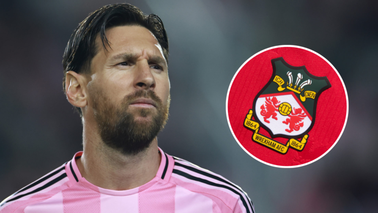 Lionel Messi #10 of Inter Miami looks on before a 2025 Concacaf Champions Cup second leg match between Sporting Kansas City and Inter Miami. Inset,...