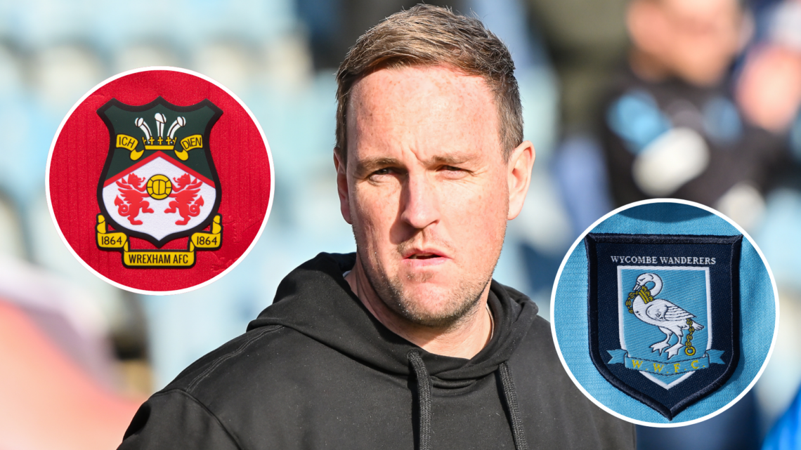 Wycombe Wanderers manager Mike Dodds. Inset, Wrexham badge and Wycombe badge.