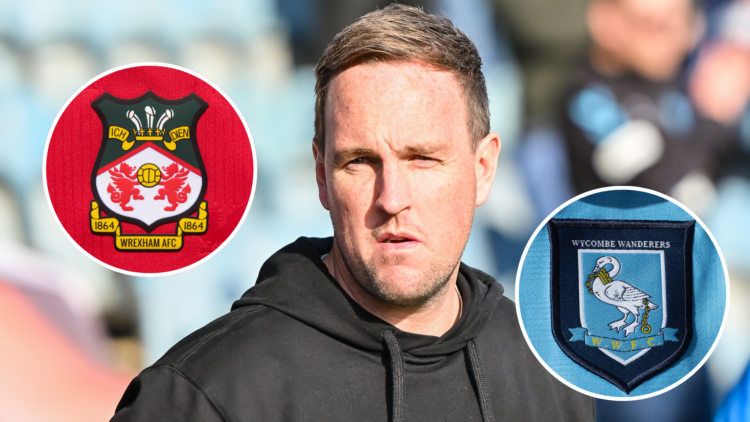 Wycombe Wanderers manager Mike Dodds. Inset, Wrexham badge and Wycombe badge.