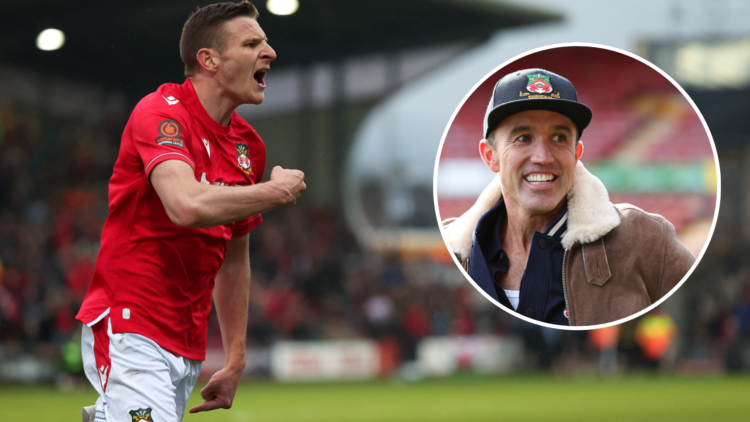 Paul Mullin celebrates. Inset, Wrexham co-owner Rob McElhenney