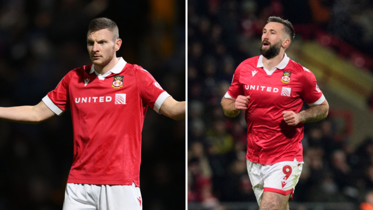 Split image, (L) Paul Mullin of Wrexham gestures during the Sky Bet League One match between Stockport County FC and Wrexham. (R) Ollie Palmer of W...