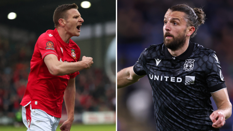 Split image, (L) Paul Mullin of Wrexham celebrates after scoring a goal. (R) Jay Rodriguez of Wrexham during the Sky Bet League One match between H...